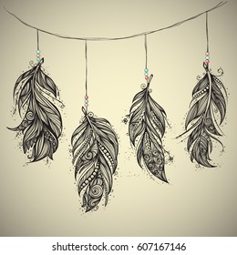 Native American Indian talisman. Vector feathers.