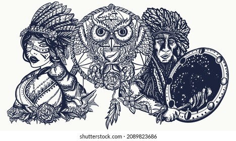 Native American Indian. Tattoo Vector. Ethnic Warrior Girl, Shamanic Female, Dream Catcher, Owl And Old Cherokee Shaman. Tribal Culture And History. Traditional Tattooing Style 