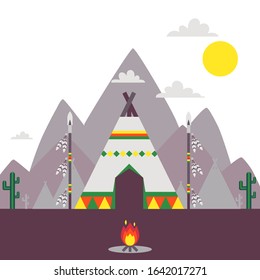 Native American indian tent, traditional teepee vector illustration. Simple landscape with mountains and ethnic American indian tribe village camp. Wigwam tent outdoors, spears with feathers, campfire