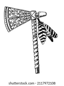 El concepto de tomahawk nativo americano indio en estilo monocromo vintage. El hacha de batalla india de mañana. Dibujo estilizado de grabado de época. Ilustración vectorial aislada
