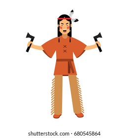 Native american indian in traditional costume standing with two tomahawks vector Illustration