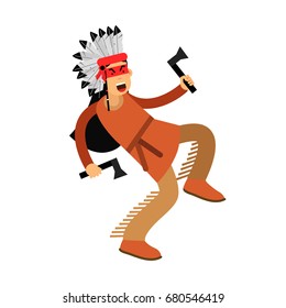 Native american indian in traditional costume dancing with two tomahawks vector Illustration