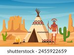 Native American Indian in Traditional Ethnic Clothes with Feathers in Their Head standing Near Tipi or wigwam