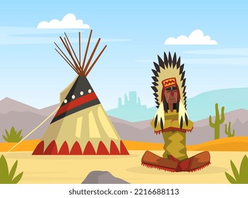 Native American Indian in Traditional Ethnic Clothes with Feathers in Their Head Sitting Near Tipi Vector Illustration