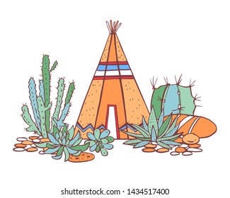 Native American indian traditional wigwam, succulents and cactuses. Vector hand drawn color outline doodle sketch illustration on white background