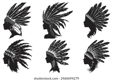 Native American Indian Tribal Chief Feather Hat, Hand Drawn Native American Indian Headdress, American tribal chief headdress feathers.