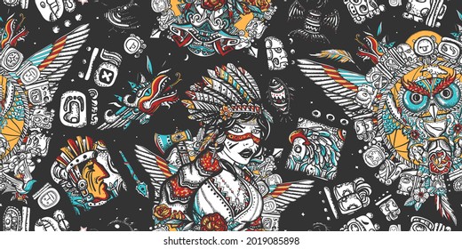 Native American Indian. Tribal Culture And History. Old School Tattoo Style. Ethnic Warrior Girl, Shamanic Female, Dream Catcher, Owl And Old Cherokee Shaman. Seamless Pattern 