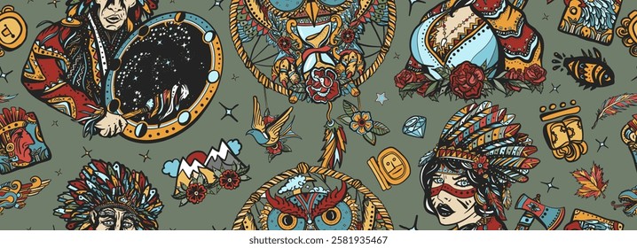 Native American Indian. Tribal culture and history. Seamless pattern Ethnic warrior girl, shamanic female, dream catcher, owl and old shaman