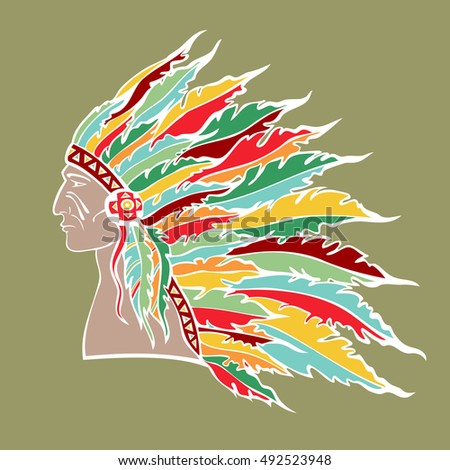 Native American Indian in tribal war bonnet. Hand drawn portrait of chief warrior with plume headdress. Vector illustration.