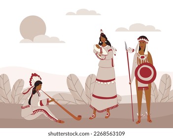 Native American Indian Tribe Man and Woman Member In Traditional Clothing with Feathers Vector Illustration