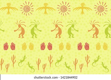 Native american indian vector ethnic tribal motifs seamless pattern. Traditional design with gecko, Kokopelli fertility god, sun, bird, cacti. Navajo indian character illustration.