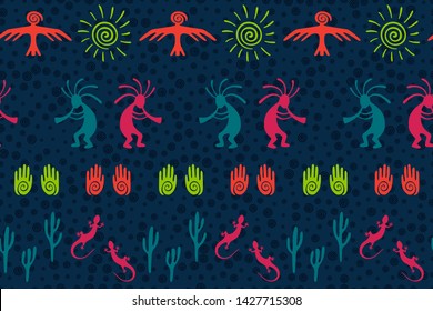 Native american indian vector ethnic tribal motifs seamless pattern. Aborigine design with humpbacked man playing flute musical instrument. Navajo indian desert wildlife pattern.