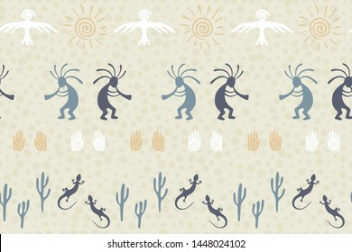 Native american indian vector ethnic tribal motifs seamless pattern. Aborigine design with lizard, Kokopelli fertility deity, sun, eagle, cacti. Navajo indian signs cute pattern.
