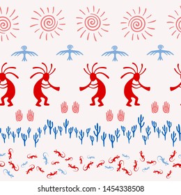 Native american indian vector ethnic tribal motifs seamless pattern. Folk design with dancing god music spirit, wild nature, spiral signs. Navajo indian creative batik pattern.