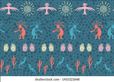 Native american indian vector ethnic tribal motifs seamless pattern. Traditional design with gecko, Kokopelli fertility god, sun, bird, cacti. Navajo indian desert wildlife pattern.