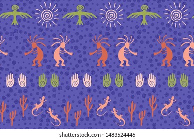Native american indian vector ethnic tribal motifs seamless pattern. Folk design with humpbacked man playing flute musical instrument. Navajo indian signs cute pattern.