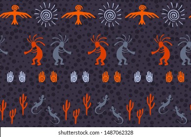 Native american indian vector ethnic tribal motifs seamless pattern. Mythical design with trickster god, swirl icons on human palm, sun, eagle. Navajo indian elements modern pattern.