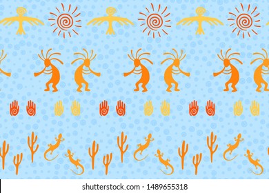 Native american indian vector ethnic tribal motifs seamless pattern. Aborigine design with gecko, Kokopelli fertility god, sun, bird, cacti. Navajo indian healing deity pattern.