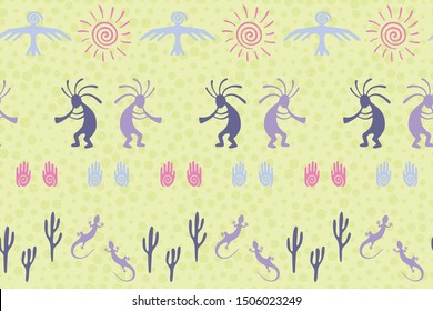 Native american indian vector ethnic tribal motifs seamless pattern. Traditional design with dancing god music spirit, wild nature, spiral signs. Navajo indian decorative background.