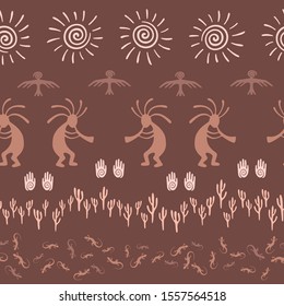 Native american indian vector ethnic tribal motifs seamless pattern. Aborigine design with gecko, Kokopelli fertility god, sun, bird, cacti. Navajo indian decorative background.