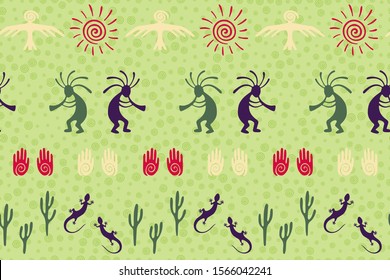 Native american indian vector ethnic tribal motifs seamless pattern. Aborigine design with humpbacked man playing flute musical instrument. Navajo indian signs cute pattern.