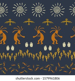 Native american indian vector ethnic tribal motifs seamless pattern. Mythical design with humpbacked man playing flute musical instrument. American indian creative batik pattern.