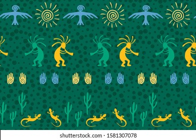 Native american indian vector ethnic tribal motifs seamless pattern. Traditional design with gecko, Kokopelli fertility god, sun, bird, cacti. Navajo indian elements modern pattern.