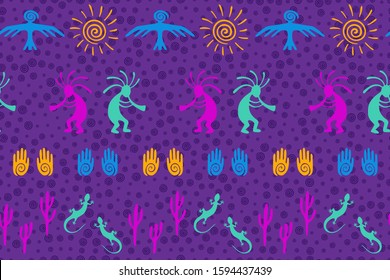 Native american indian vector ethnic tribal motifs seamless pattern. Aborigine design with trickster god, swirl icons on human palm, sun, eagle. Navajo indian fashionable print pattern.