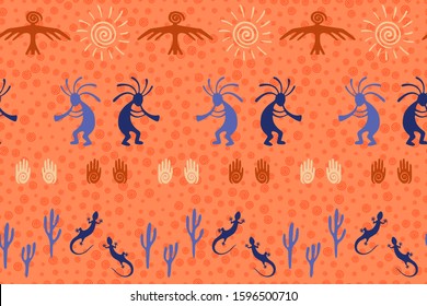 Native american indian vector ethnic tribal motifs seamless pattern. Traditional design with dancing god music spirit, wild nature, spiral signs. Navajo indian fashionable print pattern.