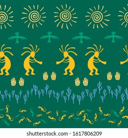 Native american indian vector ethnic tribal motifs seamless pattern. Traditional design with trickster god, swirl icons on human palm, sun, eagle. Navajo indian creative batik pattern.