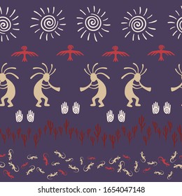 Native american indian vector ethnic tribal motifs seamless pattern. Folk design with dancing god music spirit, wild nature, spiral signs. Navajo indian signs cute pattern.