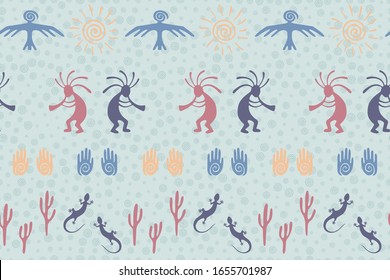 Native american indian vector ethnic tribal motifs seamless pattern. Aborigine design with humpbacked man playing flute musical instrument. Navajo indian aboriginal textile print.