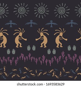 Native american indian vector ethnic tribal motifs seamless pattern. Aborigine design with trickster god, swirl icons on human palm, sun, eagle. Navajo indian elements modern pattern.