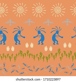 Native american indian vector ethnic tribal motifs seamless pattern. Mythical design with gecko, Kokopelli fertility god, sun, bird, cacti. Navajo indian fashionable print pattern.