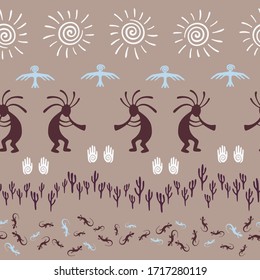 Native american indian vector ethnic tribal motifs seamless pattern. Mythical design with humpbacked man playing flute musical instrument. Navajo indian decorative background.