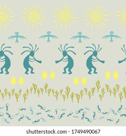 Native american indian vector ethnic tribal motifs seamless pattern. Mythical design with dancing god music spirit, wild nature, spiral signs. Navajo indian decorative background.