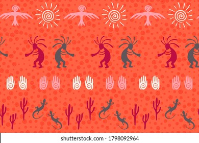 Native american indian vector ethnic tribal motifs seamless pattern. Traditional design with dancing god music spirit, wild nature, spiral signs. Navajo indian myth elements graphics.