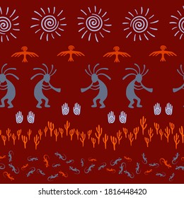 Native american indian vector ethnic tribal motifs seamless pattern. Mythical design with lizard, Kokopelli fertility deity, sun, eagle, cacti. Navajo indian aboriginal textile print.