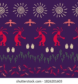 Native american indian vector ethnic tribal motifs seamless pattern. Mythical design with gecko, Kokopelli fertility god, sun, bird, cacti. Navajo indian desert wildlife pattern.