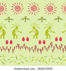 Native american indian vector ethnic tribal motifs seamless pattern. Traditional design with dancing god music spirit, wild nature, spiral signs. Navajo indian art abstract pattern.