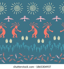 Native american indian vector ethnic tribal motifs seamless pattern. Folk design with trickster god, swirl icons on human palm, sun, eagle. Navajo indian myth elements graphics.