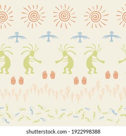 Native american indian vector ethnic tribal motifs seamless pattern. Aborigine design with humpbacked man playing flute musical instrument. Navajo indian ornament fabric prin.