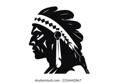 Native American Indian villager, man portrait, Side view, silhouette icon vector isolated 