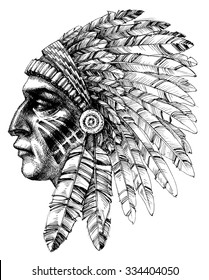 Native american indian warrior profile with war headdress, t-shirt design