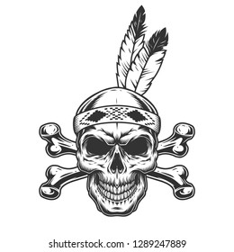 Native american indian warrior skull with feathers and crossbones in vintage monochrome style isolated vector illustration