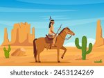 Native american indian warrior with a spear riding horse. Landscape with wild American prairies and lone Indian on horseback. Western vintage background