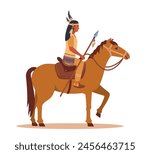 Native american indian warrior with a spear riding horse. Horseman in traditional costume