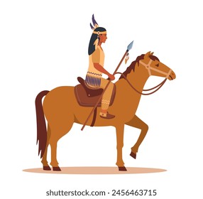 Native american indian warrior with a spear riding horse. Horseman in traditional costume