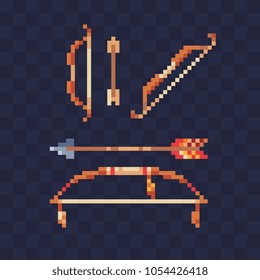 Native American indian weapon bow and arrow pixel art style icons set, isolated vector illustration. Design for sticker, mobile app and logo. Game assets 8-bit sprite.