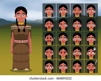 Native American Indian Woman Cartoon Emotion faces Vector Illustration